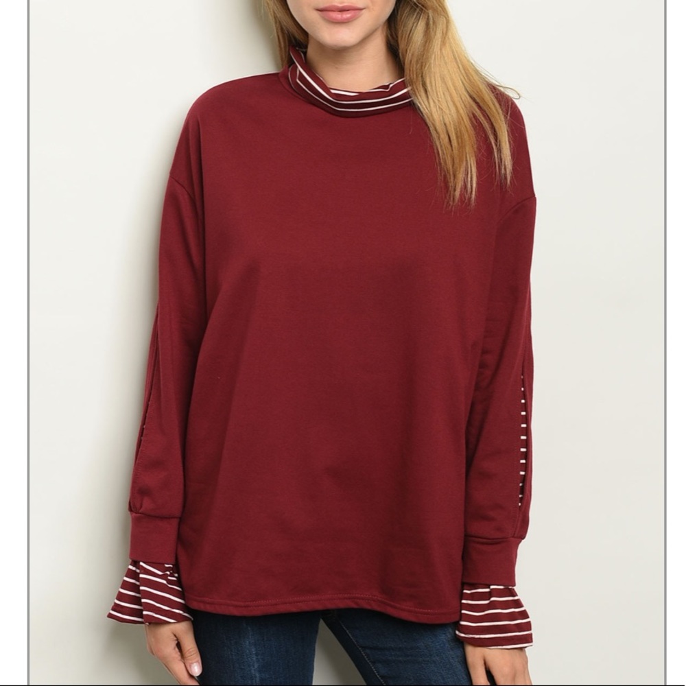 Burgundy Long bell sleeve mock neck knit tunic top